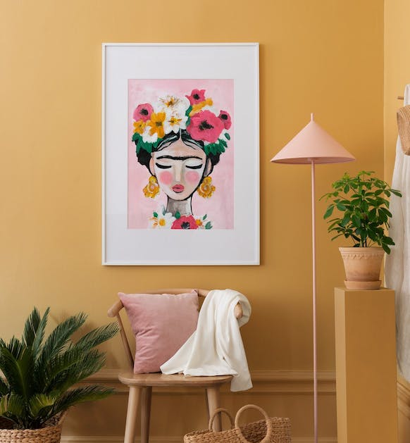 Frida Kahlo gallery wall in happy colours with oak frame for hallway or living room