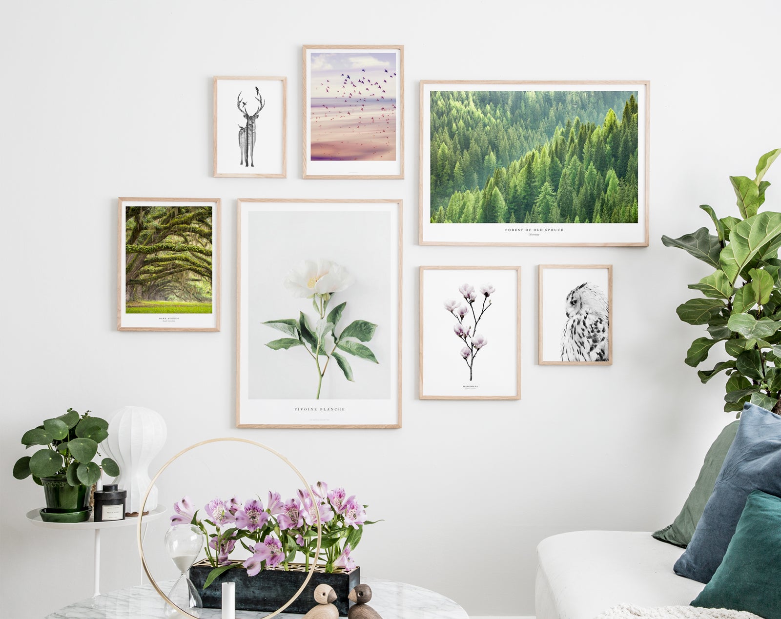 Beautiful gallery wall with nature inspired posters in oak frames